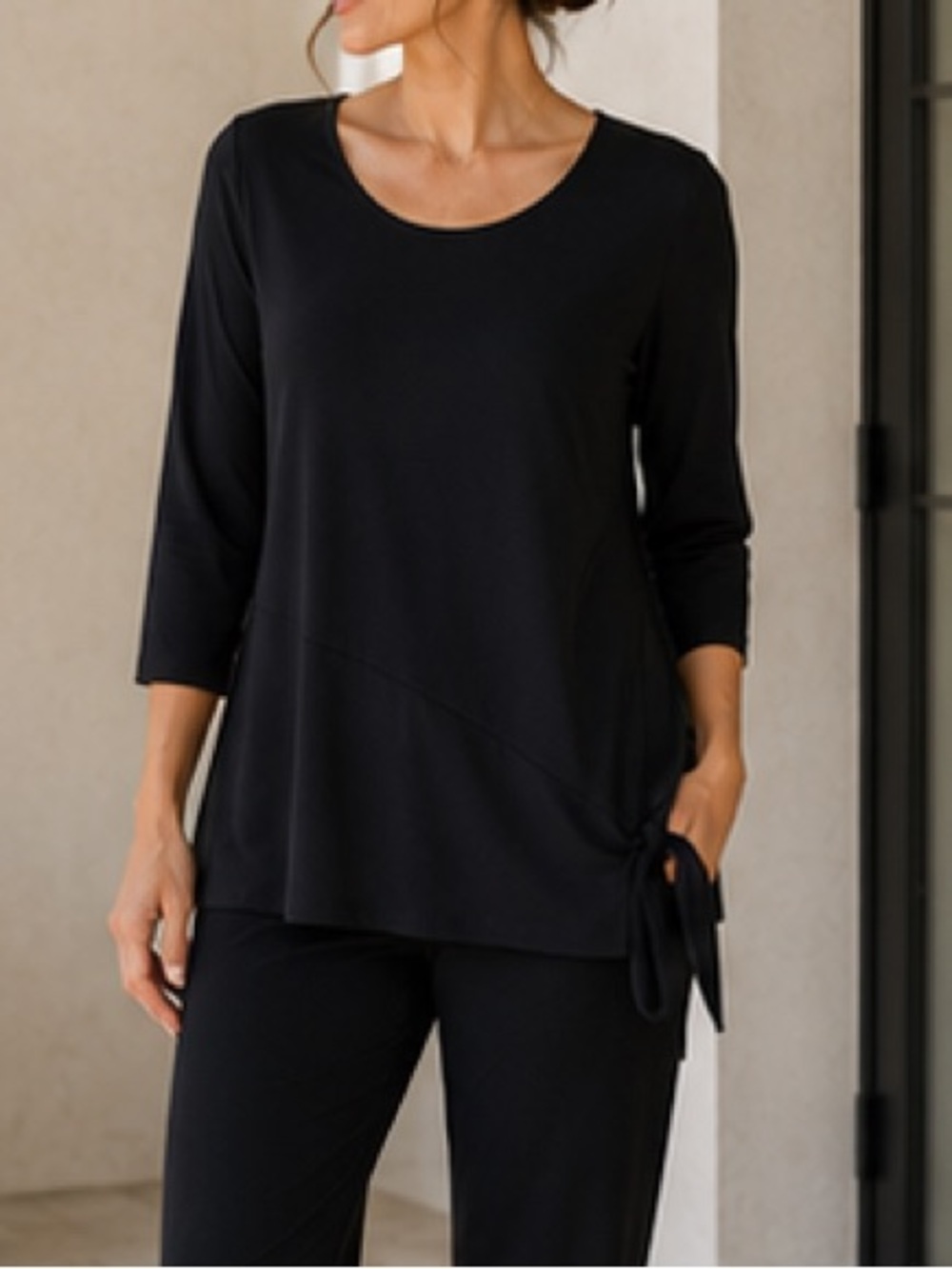Sympli black top tunic scoop neck 3/4 sleeve ties at hem excellent Size 12